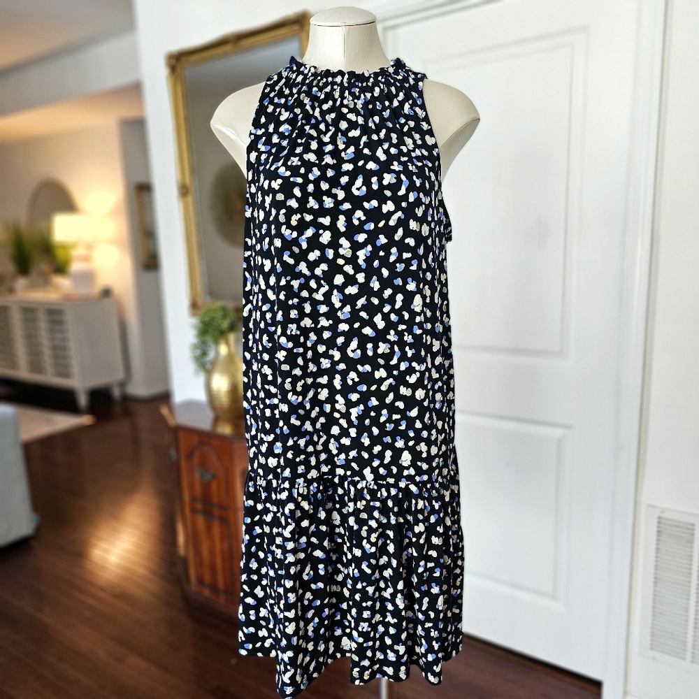 Banana Republic Black Abstract Dot Print Sleeveless Ruffle Hem Stretch Dress L